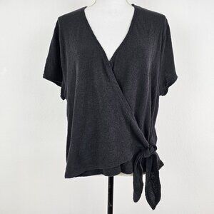 Madewell Texture & Thread Black Tie Wrap Short Sleeve V-Neck Top 2X Cotton